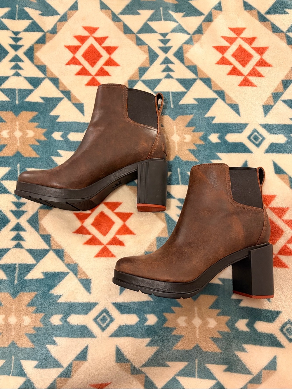 Sorel Brown Leather Block Heel Waterproof Chelsea Booties with Black Elastic